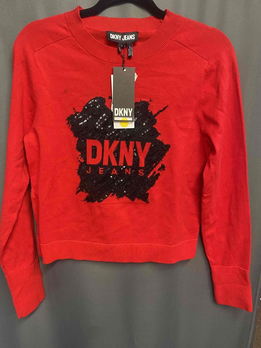 DKNY Jeans Red Sequin Detail Crew Neck Sweater Womens Size Small b57